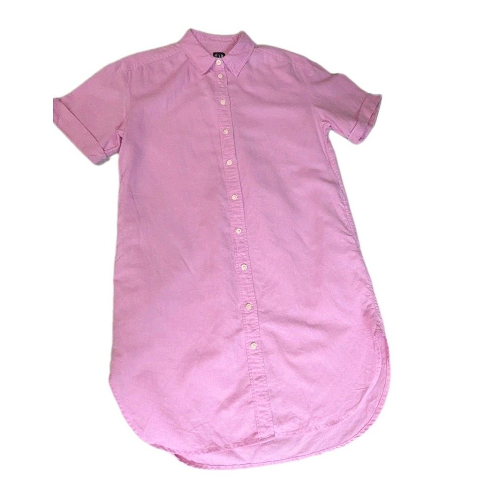 GAP Pink Linen Blend Short Sleeve Button Front Shirt Dress XS Petite W/ Pockets - Picture 2 of 13